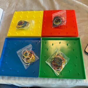 Lot of 4 Geoboards Early Skills Manipulatives New w/ rainbow rubber bands Math
